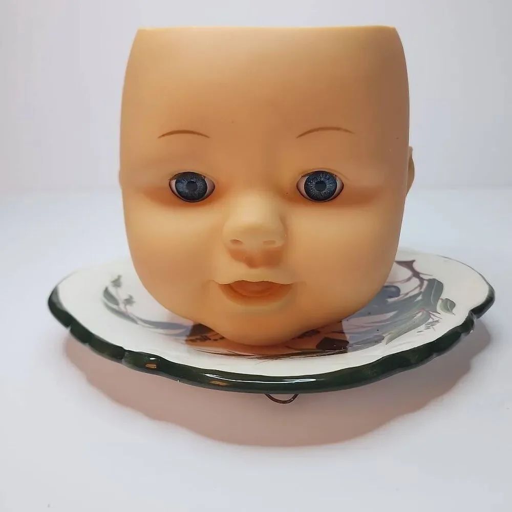 Handmade by Me Dollhead Planter on a Ceramic Plate From Greece as a Base